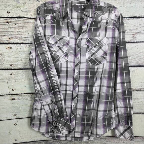 BKE Tailored Fit Plaid Shirt Gray Purple M - Picture 4 of 9